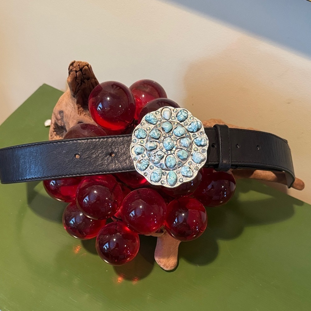 Genuine turquoise stones Elegant Black leather belt